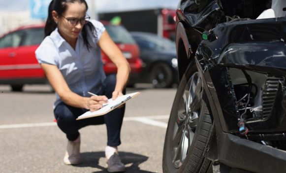 Kobieta ocenia uszkodzenie samochodu