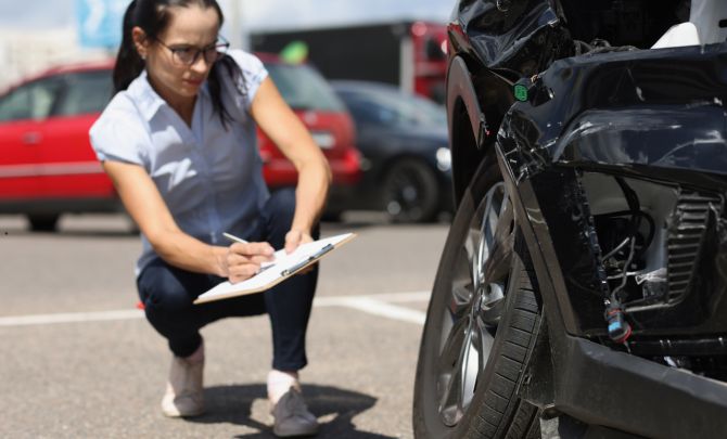 Kobieta ocenia uszkodzenie samochodu