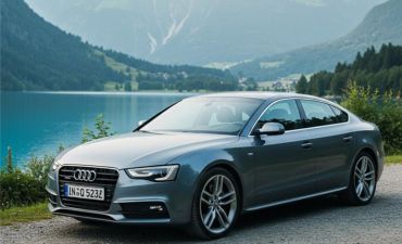 Samochód marki Audi na tle jeziora i gór