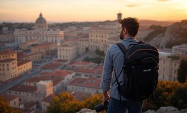 mężczyzna z plecakiem patrzący na panoramę miasta