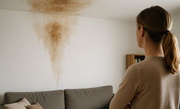 kobieta stoi i patrzy na zalany sufit