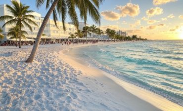 wakacyjna plaża z palmami, morze i słońce w tle