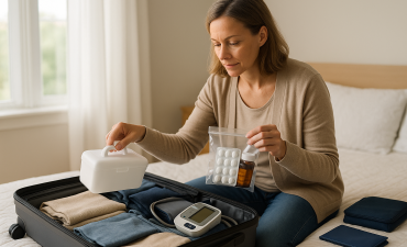 kobieta pakująca do walizki leki oraz apteczkę