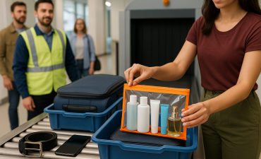 kobieta podczas kontroli bagażu na lotnisku, w tle pracownik lotniska i inni pasażerowie