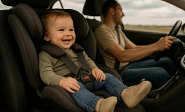 dziecko w samochodzie w foteliku, na przednim siedzeniu pasażera. Obok mężczyzna siedzący za kierownicą samochodu