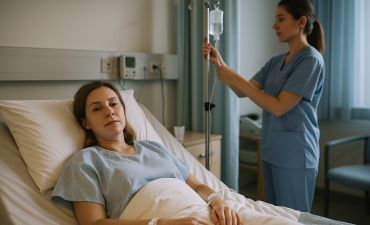 kobieta leżąca na łóżku w szpitalu i pielęgniarka sprawdzająca kroplówkę obok