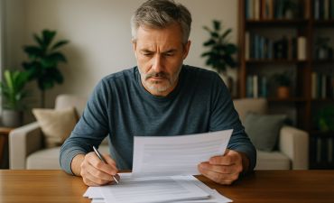 mężczyzna przy stole czyta i podpisuje dokument