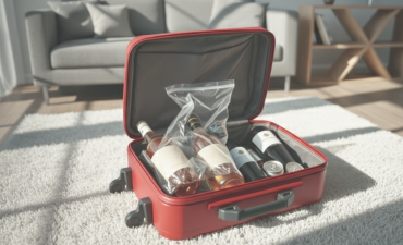 czerwona walizka z alkoholem w środku