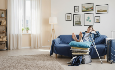 kobieta ze złamaną nogą, siedząca na kanapie obok walizki