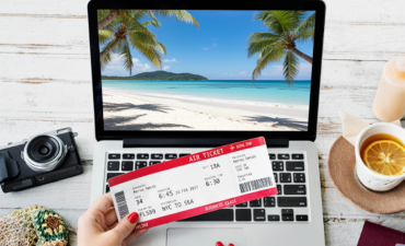 dłonie kobiety trzymające bilet podróżny na tle laptopa